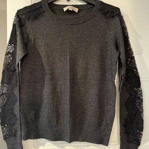 LOFT Grey Crewneck Sweater with Black Lace Detail